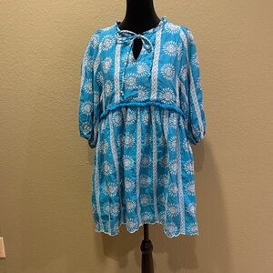 Blue Floral Embroidered Tunic Dress